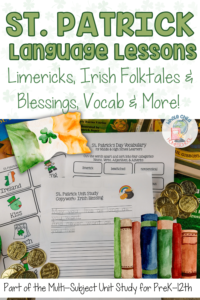 St Patrick and Ireland language arts lessons for preschool, elementary, middle and high school