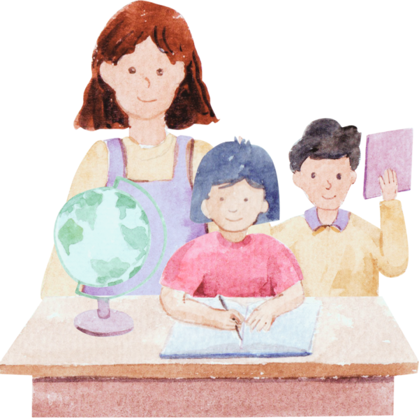 mom kids homeschooling desk globe