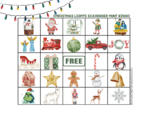 christmas lights scavenger hunt and bingo card printables